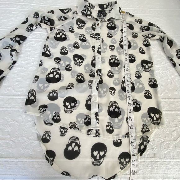 Fun & Flirt sheer button up blouse Small cream w/black skulls hearts eyes Gothic - Picture 6 of 6